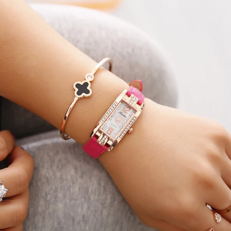 
Small Dial Watch for Women Rectangle Rhinestone Square Quartz Watch Leather Strap Ladies Dress Watches 