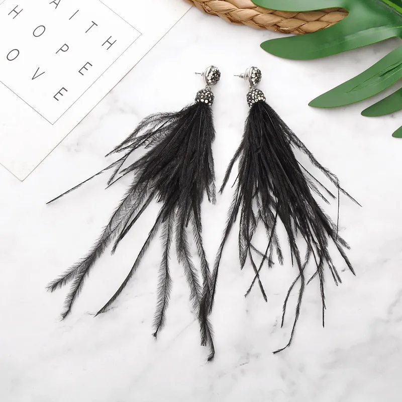 HXER-19601 Fashion New Design Vintage Long Drop Feather Earrings with Multi Color for Wholesale