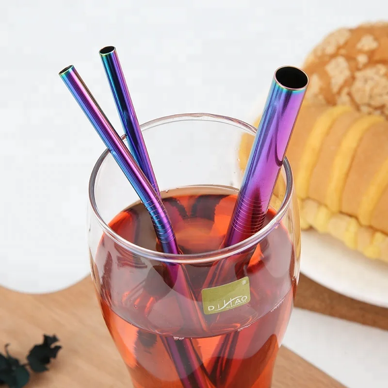 LFGB Approved Rainbow Colored Drinking Straw Stainless Steel Straight Bent Straw for Bar Party