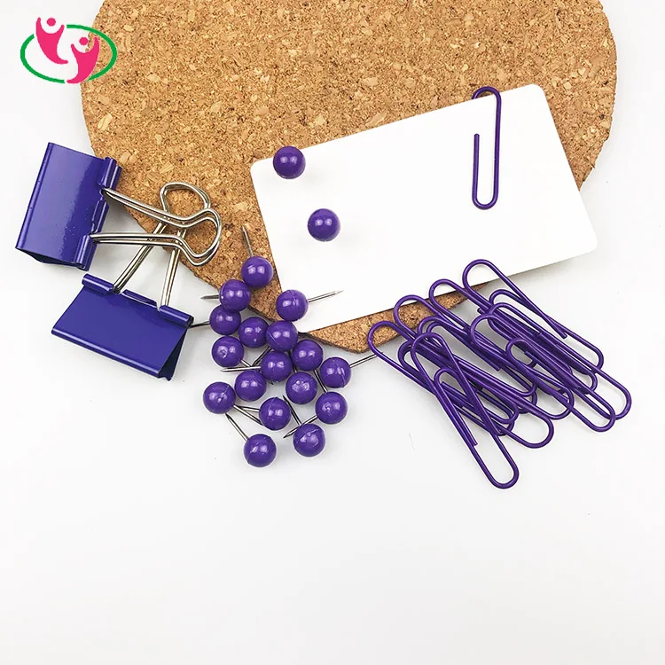 Purple Color Metal Binder Paper Clip Map Push Pin Memo Pad Stationery Set