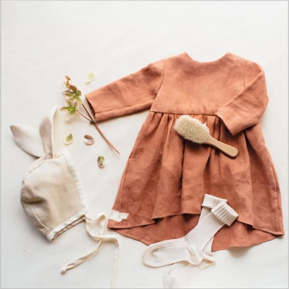 
New design kids clothing baby girls dress long sleeve casual style linen cotton boutique baby dress 