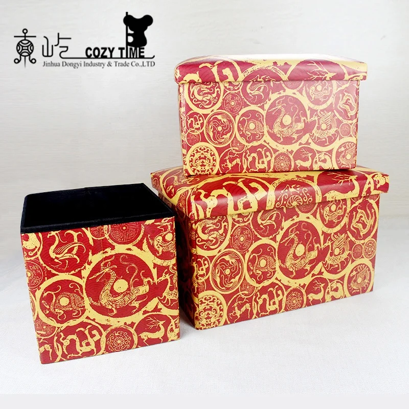 Large Capacity Chinese Style Red Collapsible Leather Pouf And Ottoman
