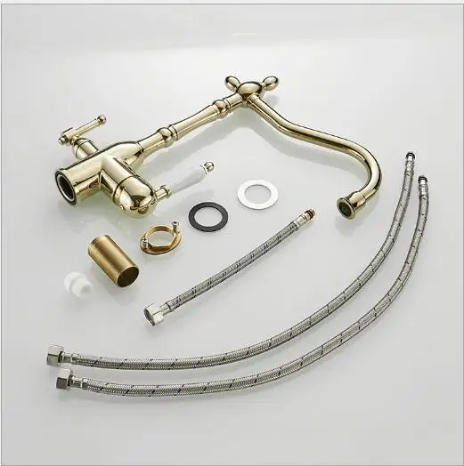 European Style Double Handle Brass Gold Kitchen Faucet