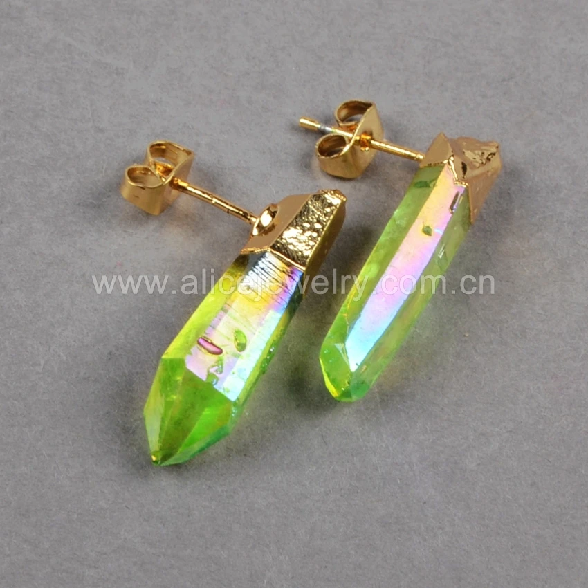 G0363 Good Quality Electroplated Stone Point Earrings, Stone Stud Earrings, Quartz Stone Earrings