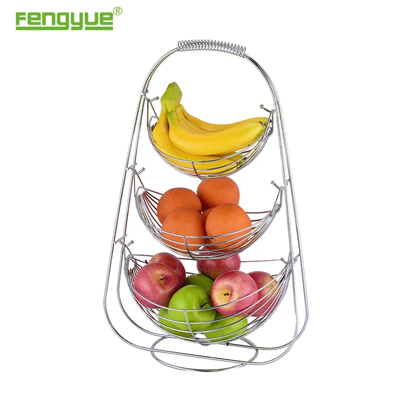 Factory Price 3 tiers Chrome Plated Stainless Steel Hanging Fruit Baskets