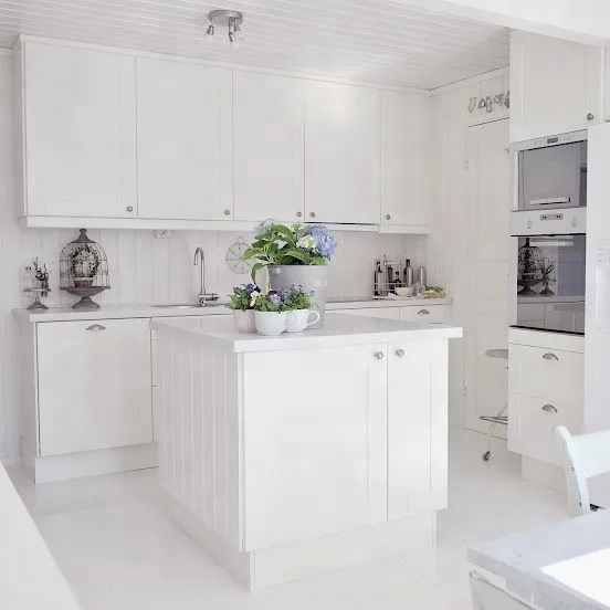 French cream white matte designed custom made kitchen cabinet with small island