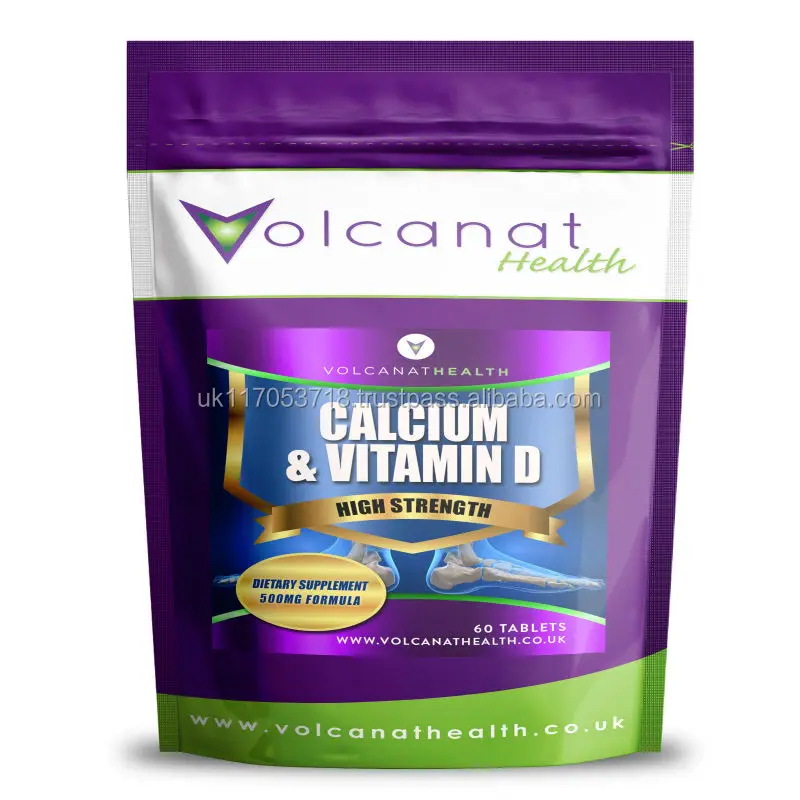 
Calcium and Vitamin D3 500mg Dietary Supplement Pills Volcanat Health Foil Pack 
