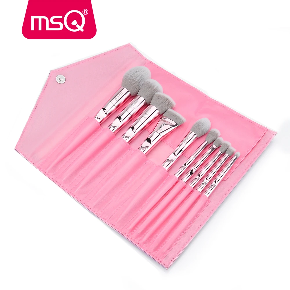 MSQ 10 Pieces Plastic Handle with Metal Plating and Rainbow Shiny Hand Case Makeup Brush Kit