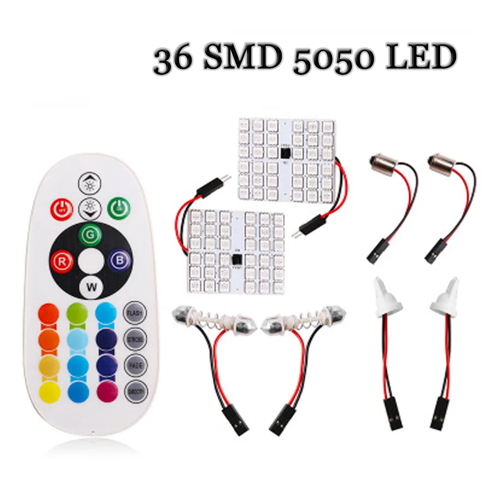 T10 RGB 5050 12 SMD 15 24 36 remote control Rgb car led panel interior Auto lights Reading Dome Festoon BA9S Adapter 12V