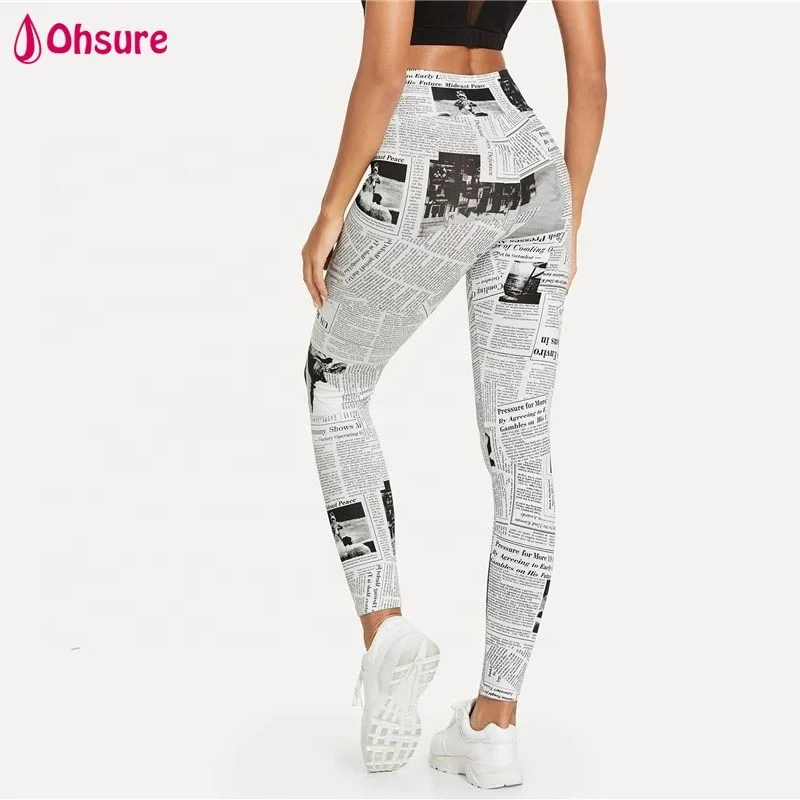 
Custom Women High Waist Digital Printing Newspaper Gym Yoga Tight Bodybuilding Leggings Compression Yoga Capri Pants 