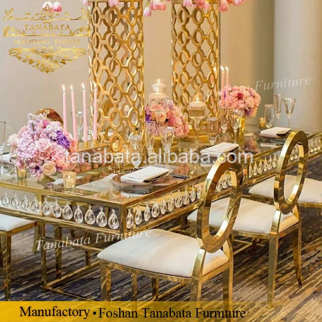 
Luxury rectangle transparent crystal golden frame dining table 