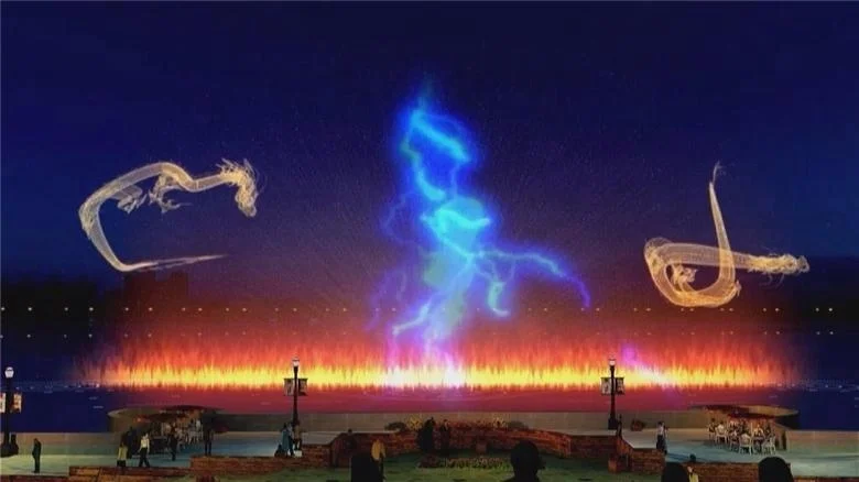 water laser show with projector movie screen