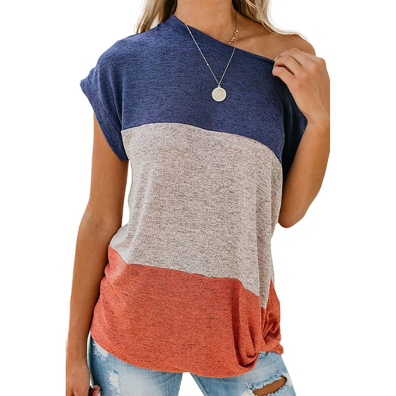 
Wholesale Striped Women Batwing Sleeves Color Block Casual Outwear T-Shirt 