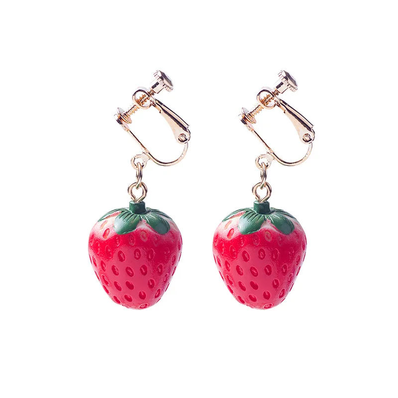 Korean Creative Simulated Strawberry Ear Hole-free Ear-clip Net Red ins Interesting Fruit Mixed Batch Long Acrylic Earrings Fema