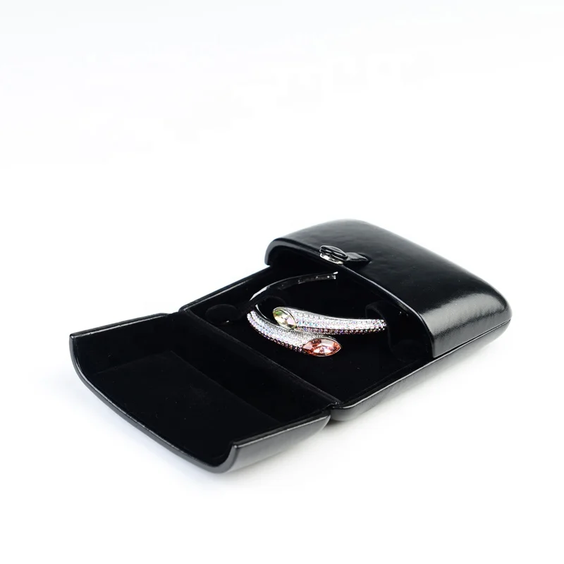 FANXI Custom Logo Black Glossy PU Leather Velvet Insert Box Double Door Ring Necklace Bangle Gift Plastic Jewelry Packaging Box