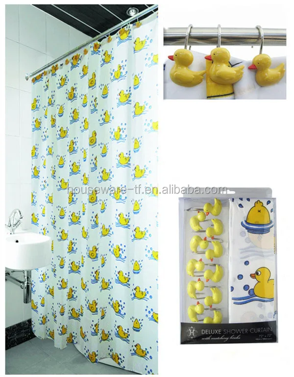 Animal Children Yellow Duck Design PEVA Shower Curtain with C Hooks Set of 13 Plastic Duck Shower Curtain Sets
