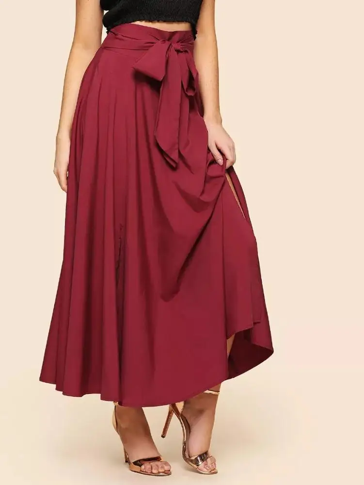 XIUYU Custom Lady Skirt Knot Front Zip Back High Waist Flare Midi Skirt Falda Plus Long Casual Maxi Bandage Midi Skirt