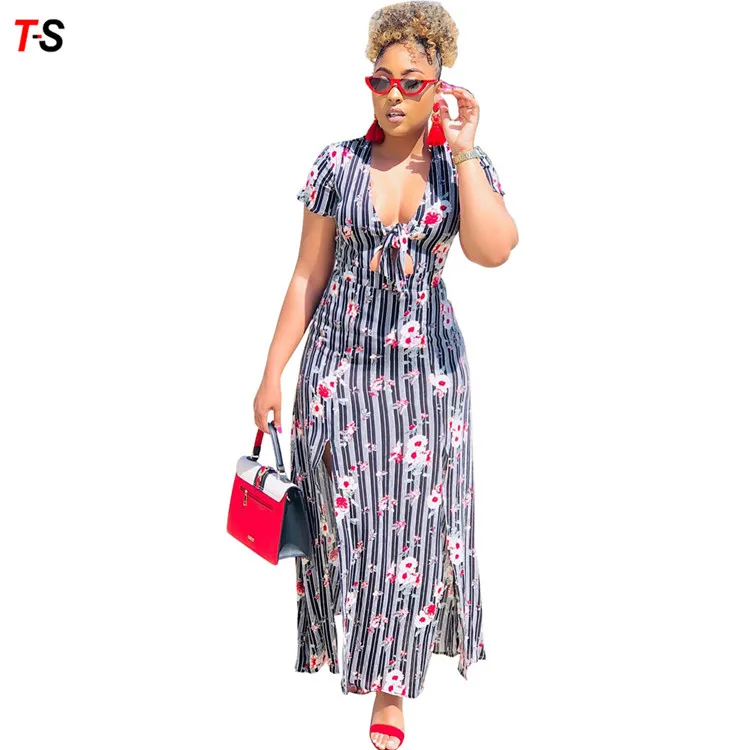 Sexy V-neck printing High waist Long skirt African clothing Kitenge Dress