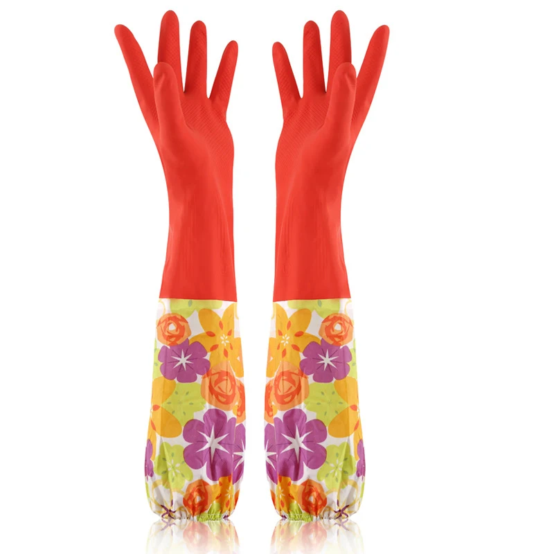 Водонепроницаемые бытовые перчатки для мытья посуды, цветочный рукав, Длинные теплые резиновые перчатки