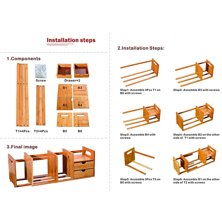 Natural Bamboo Desk Organizer with Extendable Storage and Two Drawers for Office