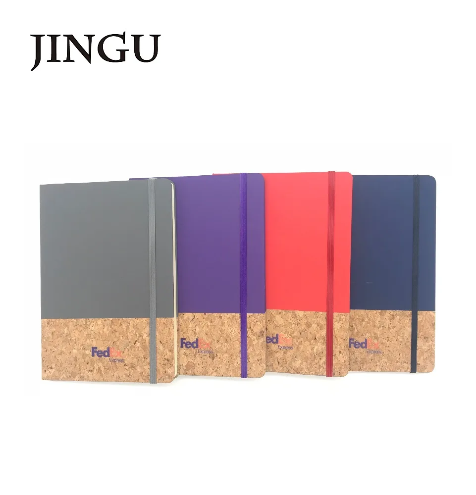 2021 uptodate new cork + normal pu hardcover notebook with logo embossed and elatsic band