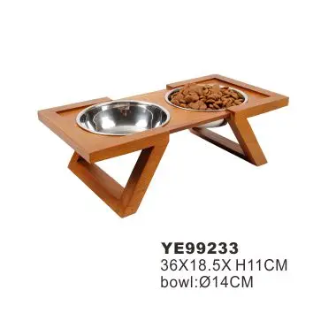 Petstar OEM Available Double Stainless Steel Dog Bowl Wooden Elevated Pet Feeder