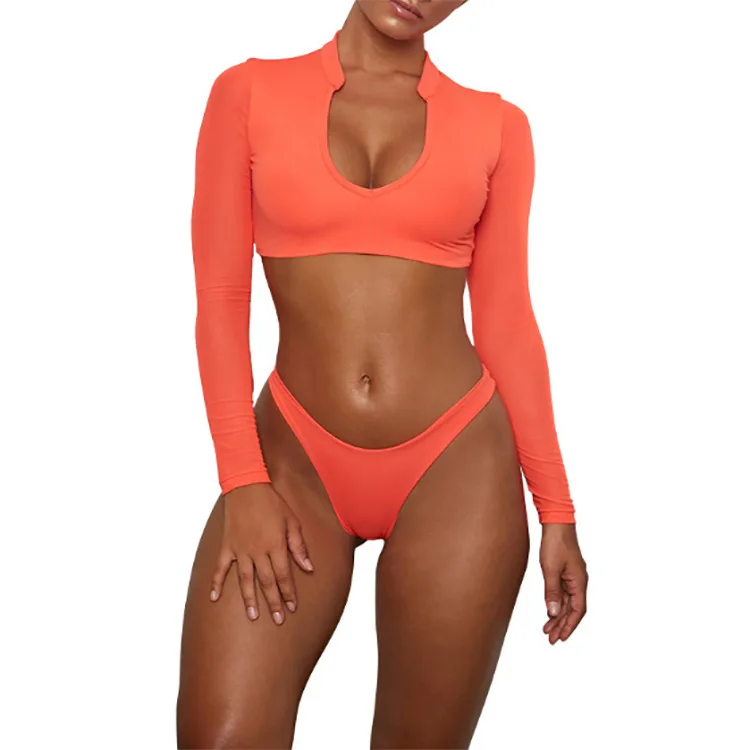 Long Sleeve Sexy Neon Mesh Crop Top Thong 2 Piece Set Extreme Micro String Women Bikini Swimwear