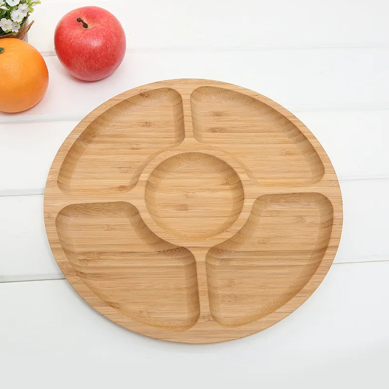 Недорогая круглая сухая деревянная бамбуковая разделительная тарелка для закусок с 5 отделениями на заказ