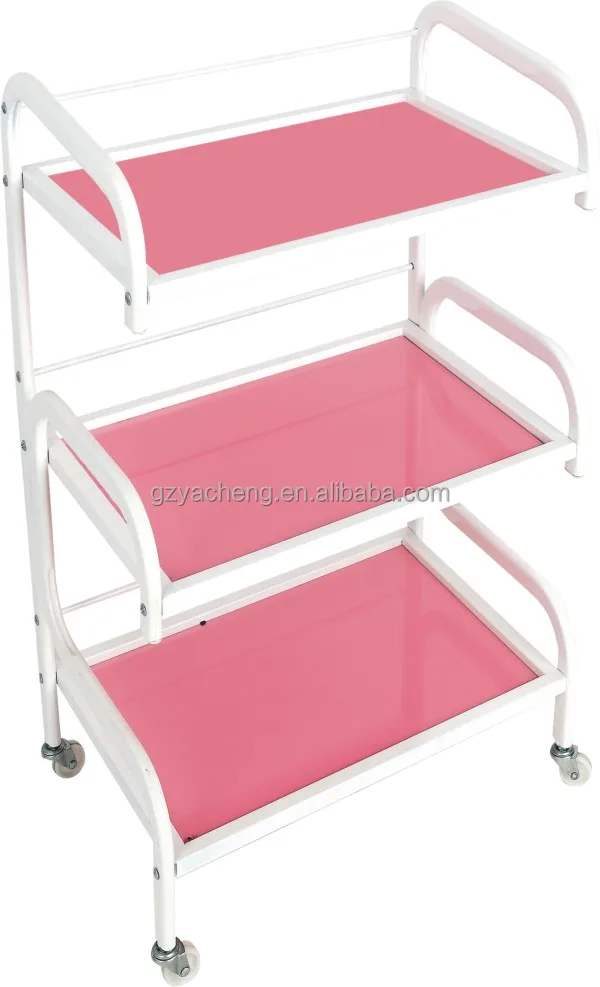 Metal and glass pink color beauty salon drawer trolley
