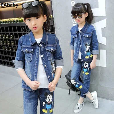 Junior Girls children spring Jeans autumn sports casual cowboy Cartoon Mouse suit 2 sets