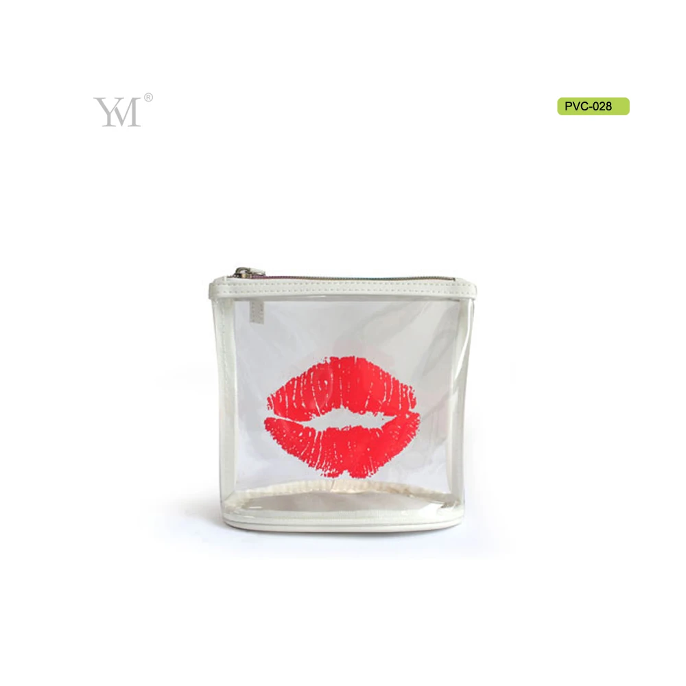 Luxury waterproof cosmetic packaging pouch oem zipper transparent pvc makeup bag with lips printed