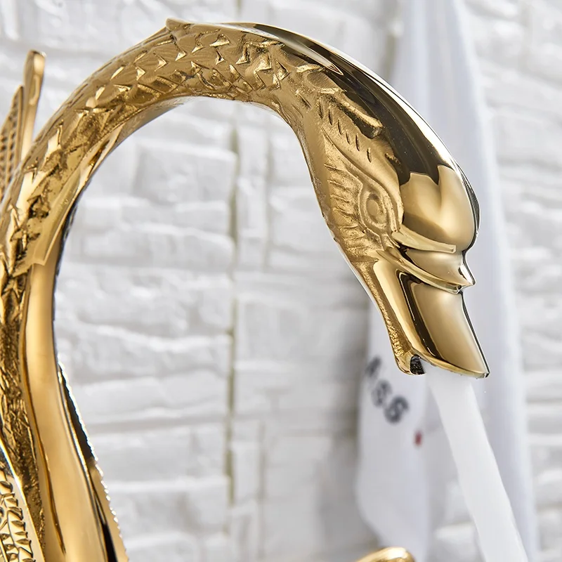 
2019 New Arrivals Luxury Golden Swan Faucet Deck Mounted Dual Handles Hot Cold Water Mixer Tap washroom Basin Sink Faucet 