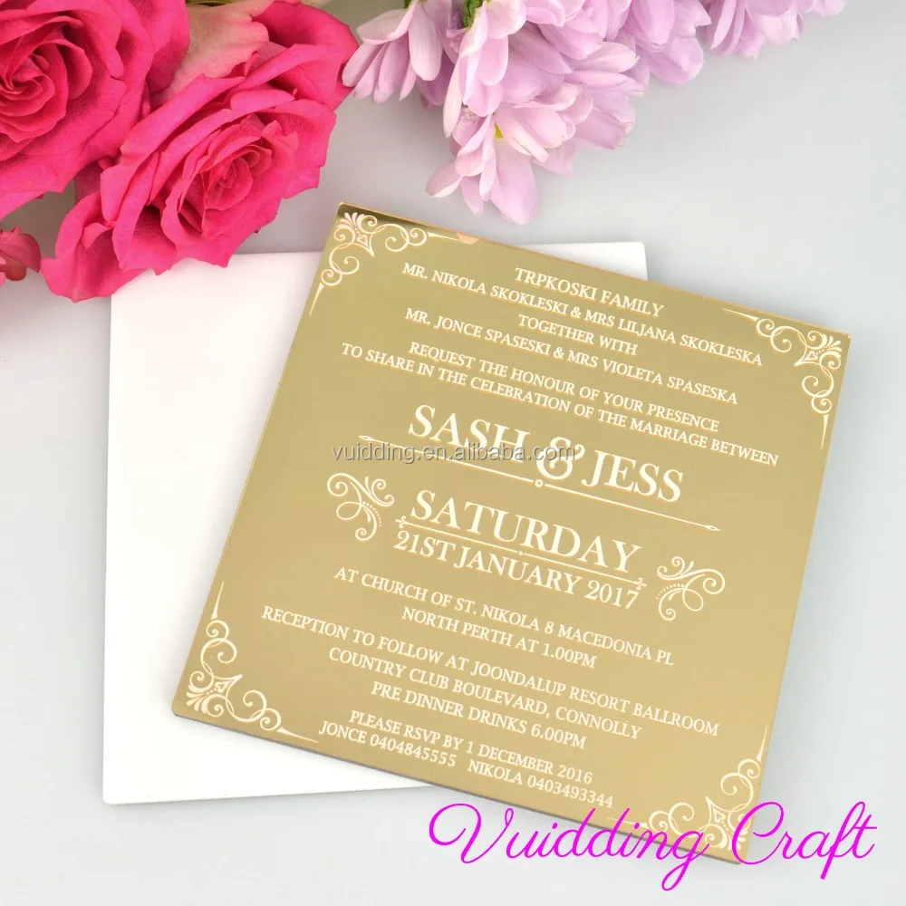 Mirror Acrylic Gold Wedding Invitation Card For Fancy Wedding Favor