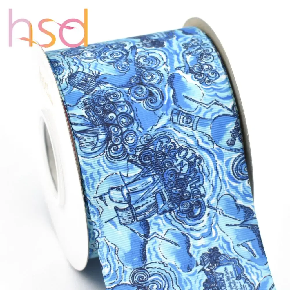 3 inch blue printing custom heat transfer grosgrain ribbon for girls hair bow