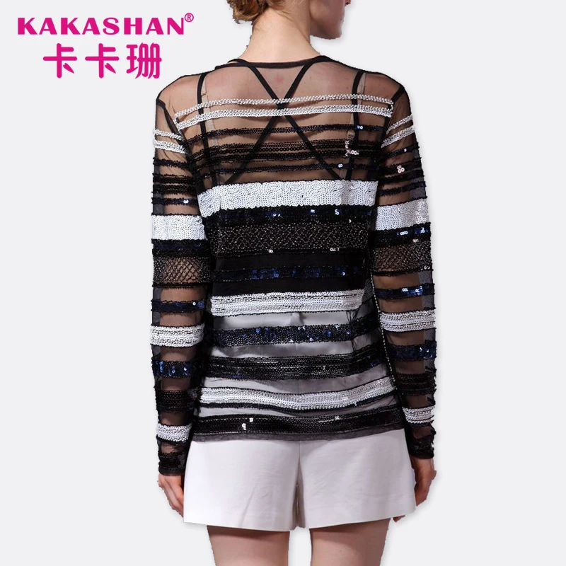 
New Design Ladies Long Sleeve See Through Mesh Beaded Sequin Blouse 