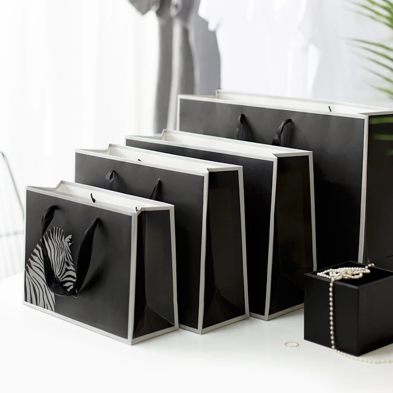 High End black paper bag with different handle types, paper bag with handles customizable