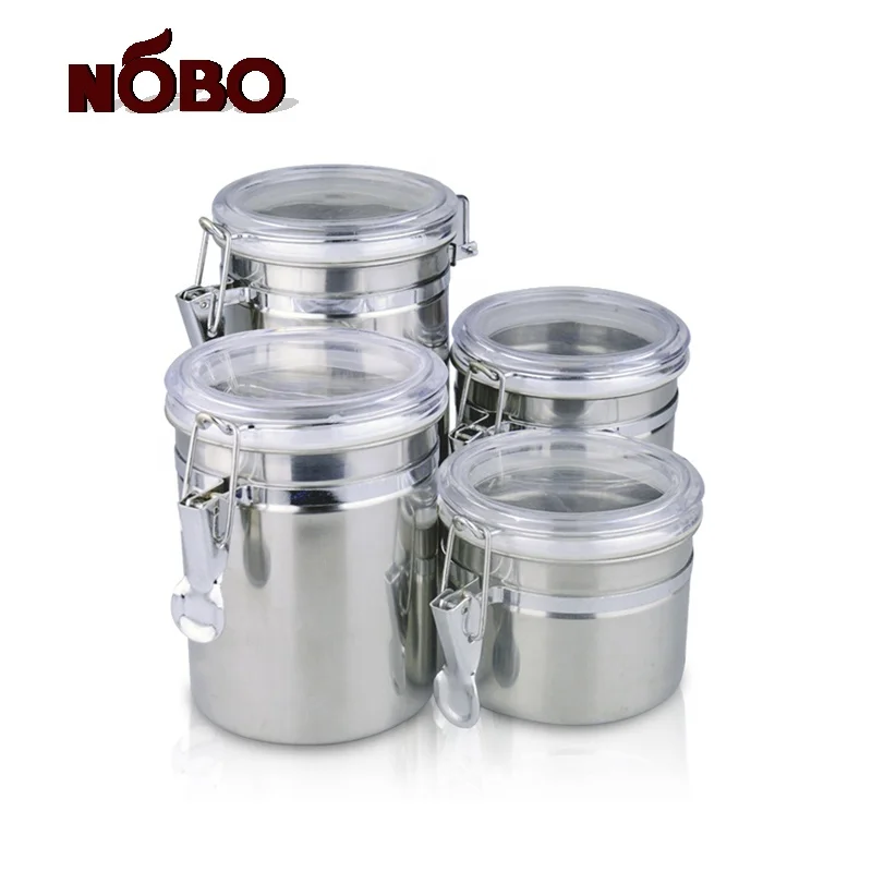 Kitchen Accessories Metal food Storage container Stainless Steel Air tight tea coffee Canister Sets with Clear Acrylic Lid