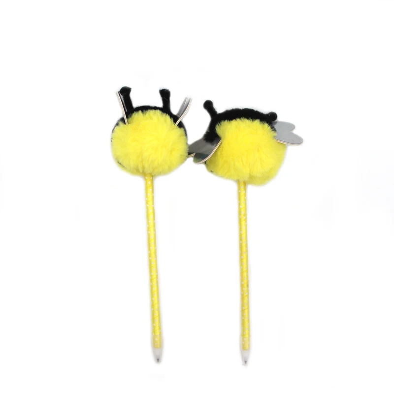 
novelty funny yellow honey bee shape pom pom ball pen for kids lovely cartoon honeybee fuzzy pen 