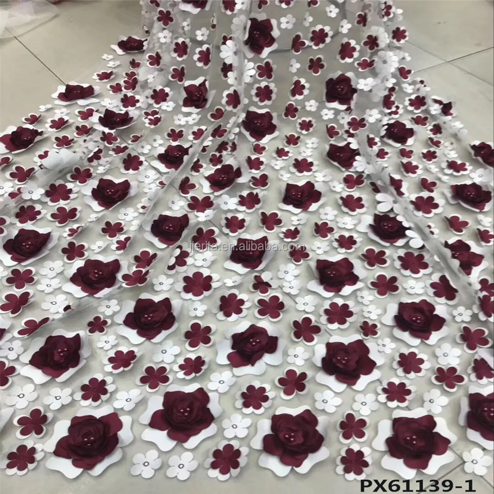 Nice patterns Red 3d flower embroidery wedding tulle lace fabric with pearl