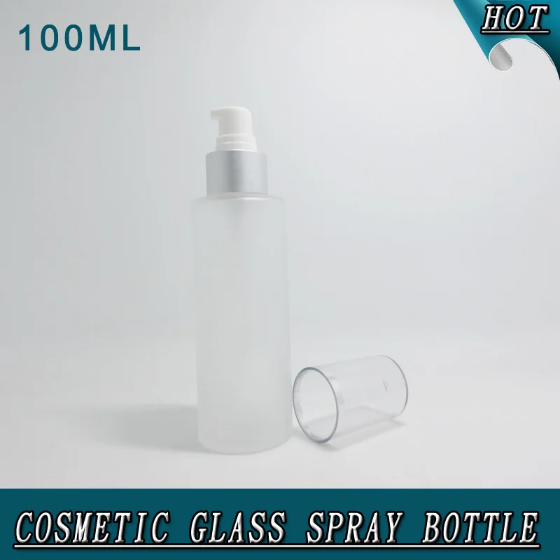 OEM 100ML cylinder cosmetic glass bottle and jars frosted glass bottle with matte silver pump