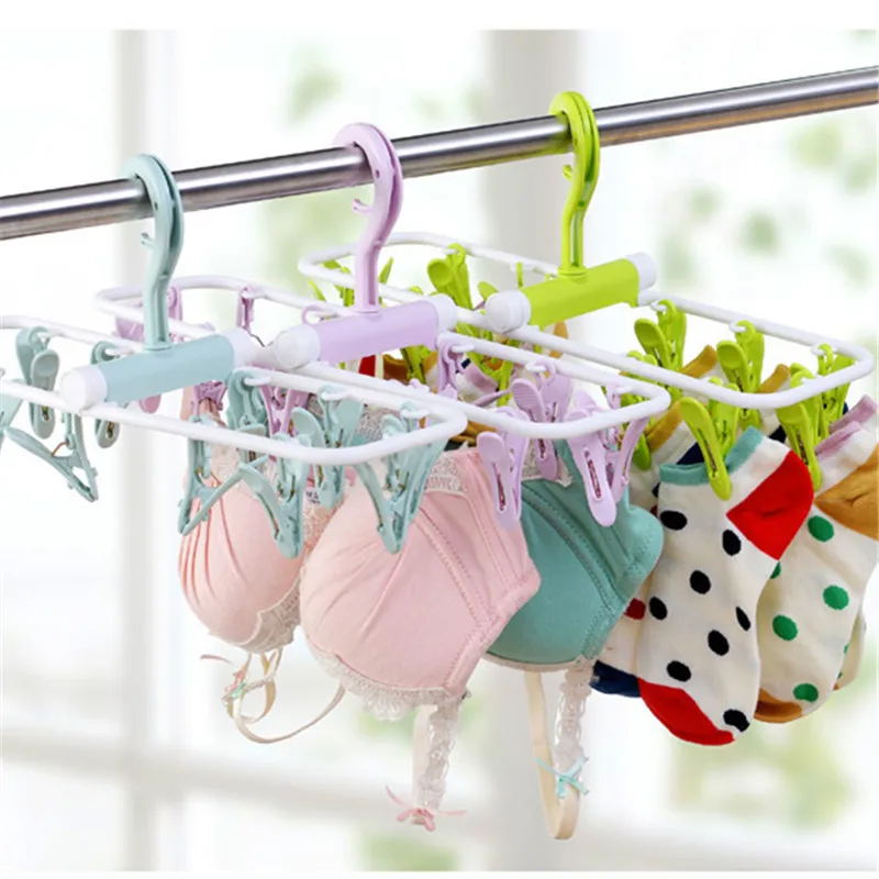 mutifunction foldable plastic hangers clips with 12 pegs hanger for socks baby clothes Bra dryer