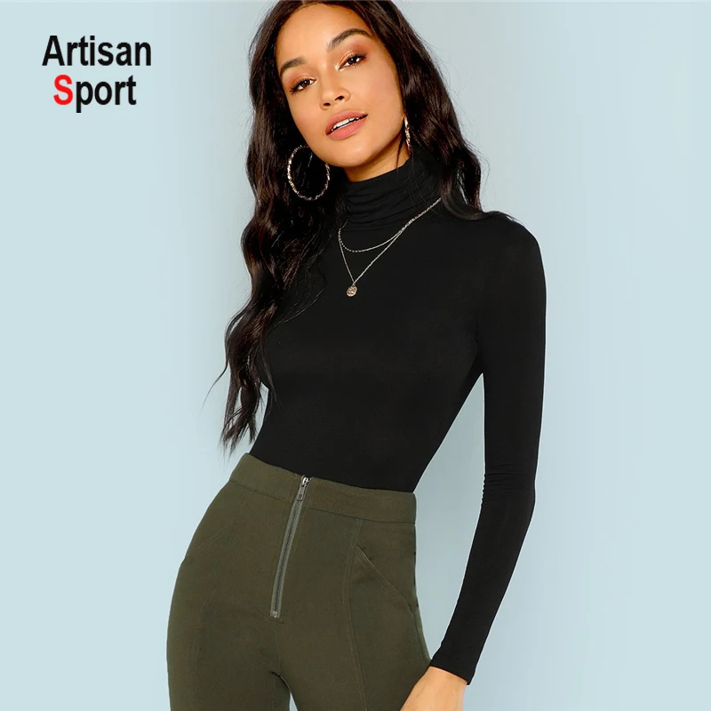 
sexy costumes Black Turtleneck Slim Fit T-shirt Office Ladies Plain High Neck Long Sleeve Tee Women Autumn Minimalist Tee 