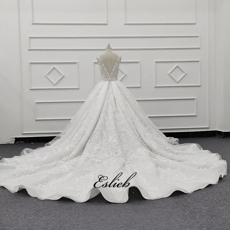 Eslieb 2019 luxury  corset wedding dress lace  floor-length V-neck sleeveless court Train ivory wedding dress bridal