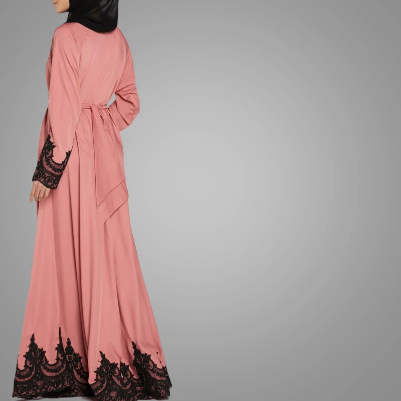 Wholesale Islamic Apparel Abaya Elegant Lace Sash Jersey Muslim Maxi Dress Islamic Clothing  Long Sleeve Moroccan Kaftan Dresses