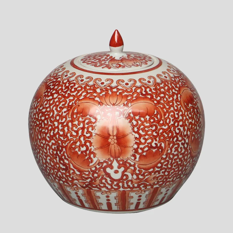 Chinese porcelain home decorative flower vase ceramic jar with red and white painting food can