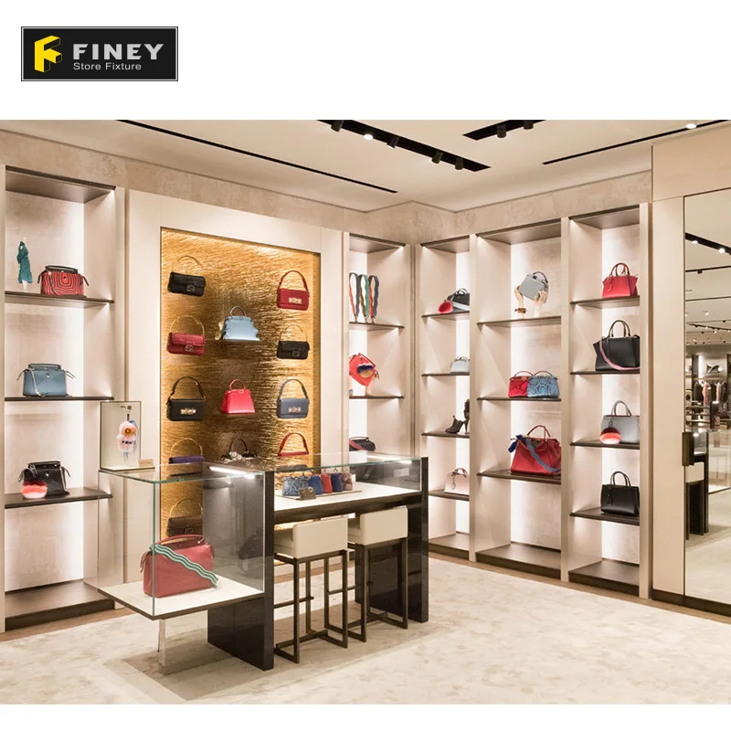 Modern Design Retail Bags Boutique Wall Display Showcase with Shelves Design Handbag Shelves with LED Light Fixture