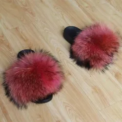 New Design Sexy Ladies Fluffy Real Raccoon Racoon Fur Shoes Sliders Sandal Slippers Slides With Big Furry Fluffy Hair
