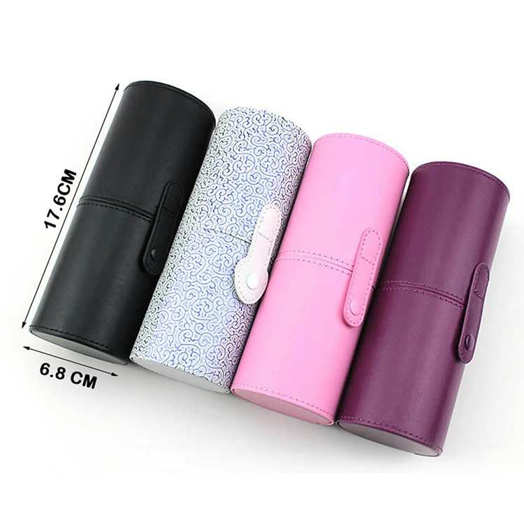 Factory custom all kinds leather bush storage barrel cosmetic cases cylinder cosmetic bags make up bush holder