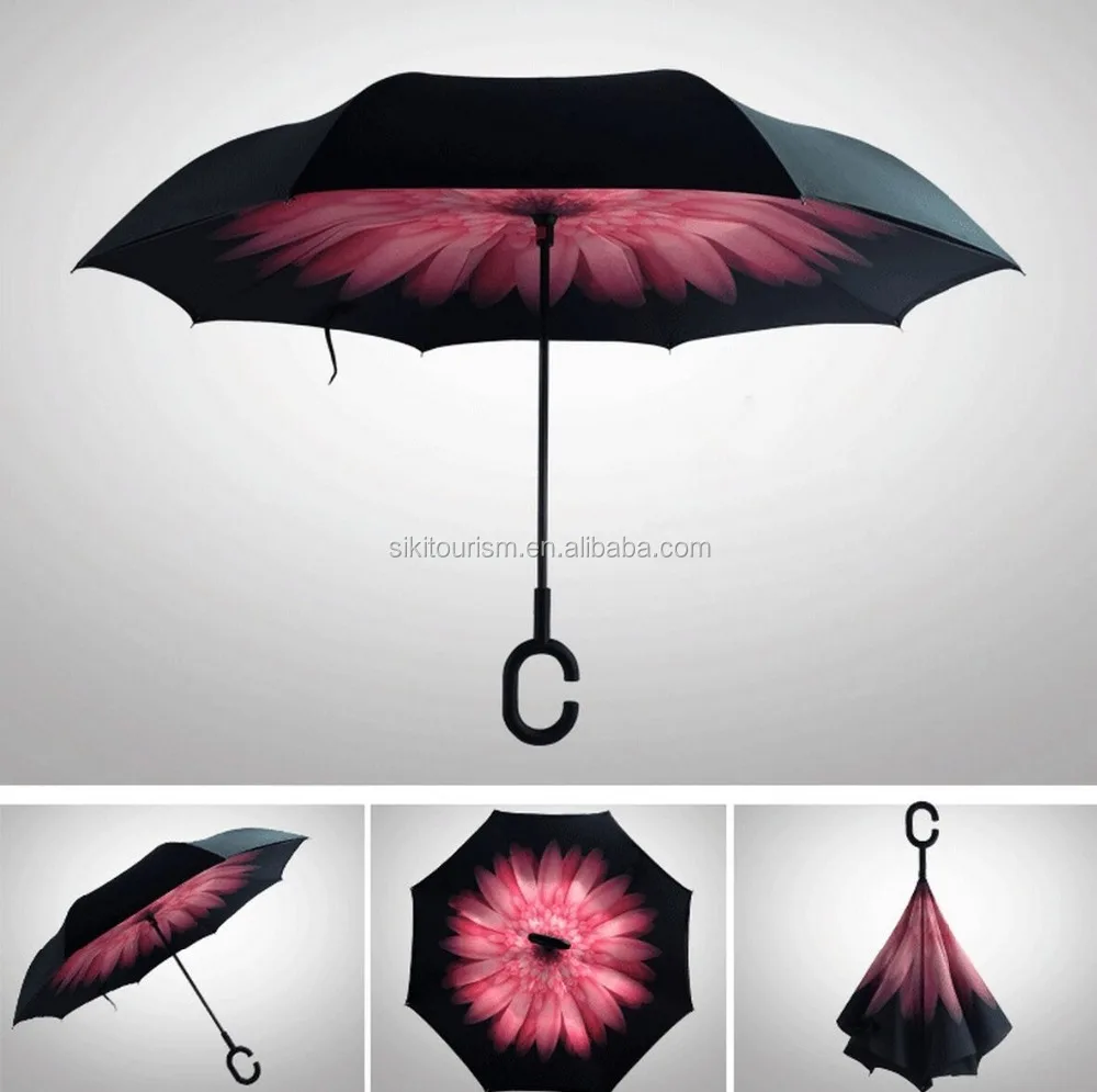 
2017 new Style Double layer customized print reverse inverted umbrella with C shape Handle 