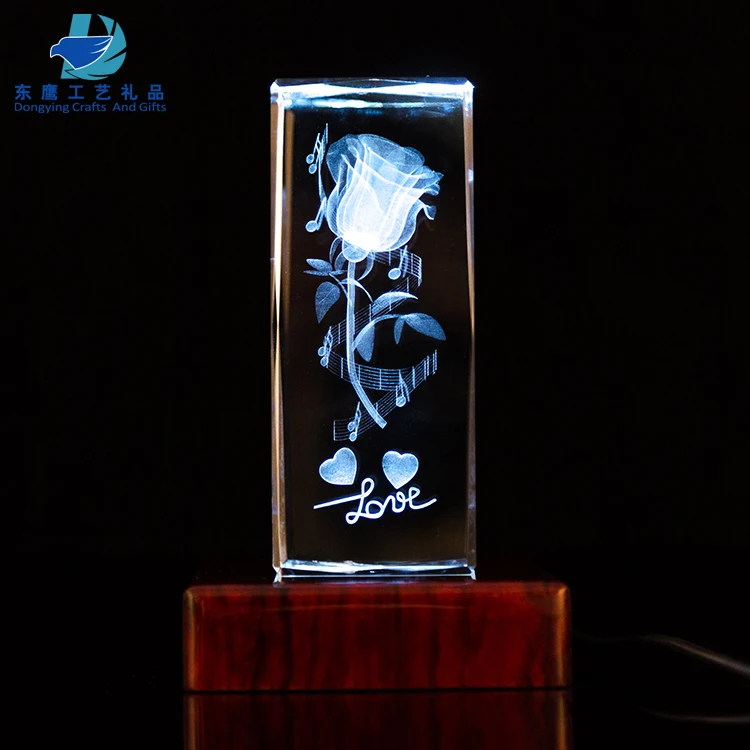 Pujiang Manufacture 3D Laser Rose Crystal Cube Wedding Gift For Souvenir
